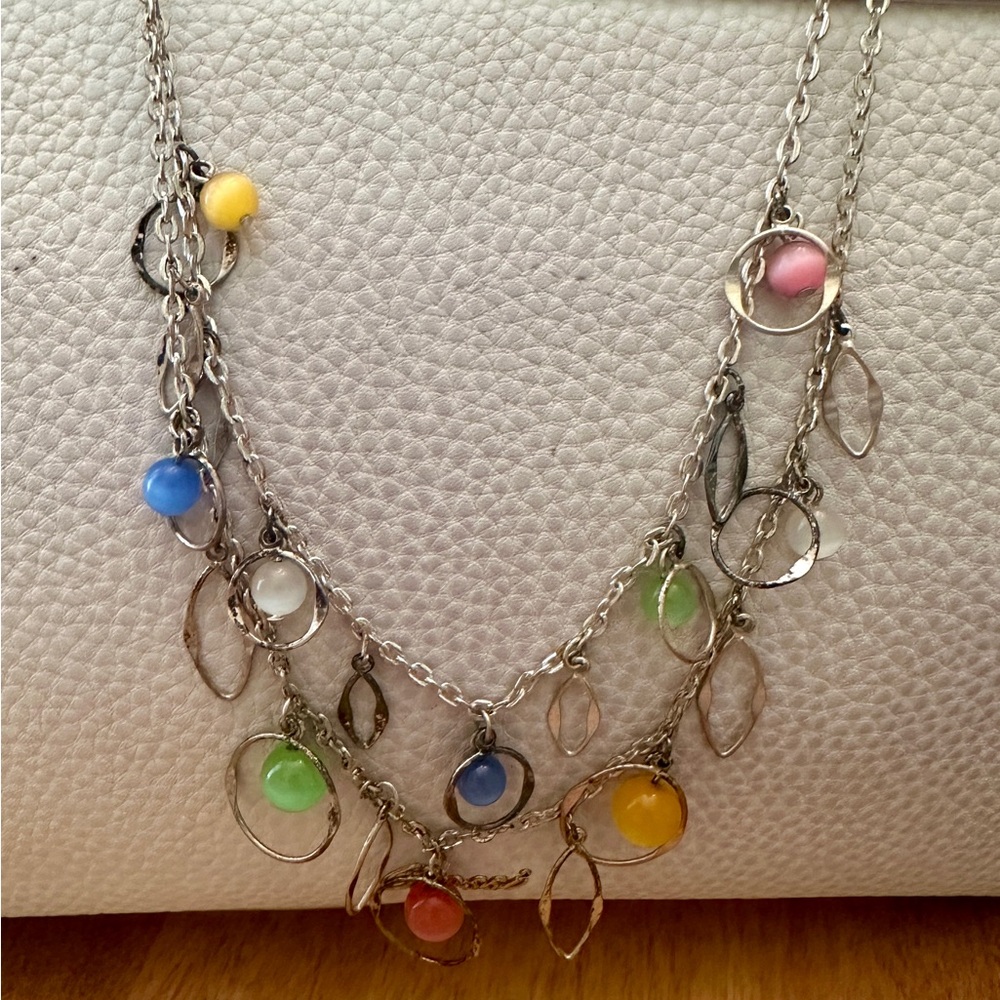 Multicolor Double-Strand Beaded Silver Necklace